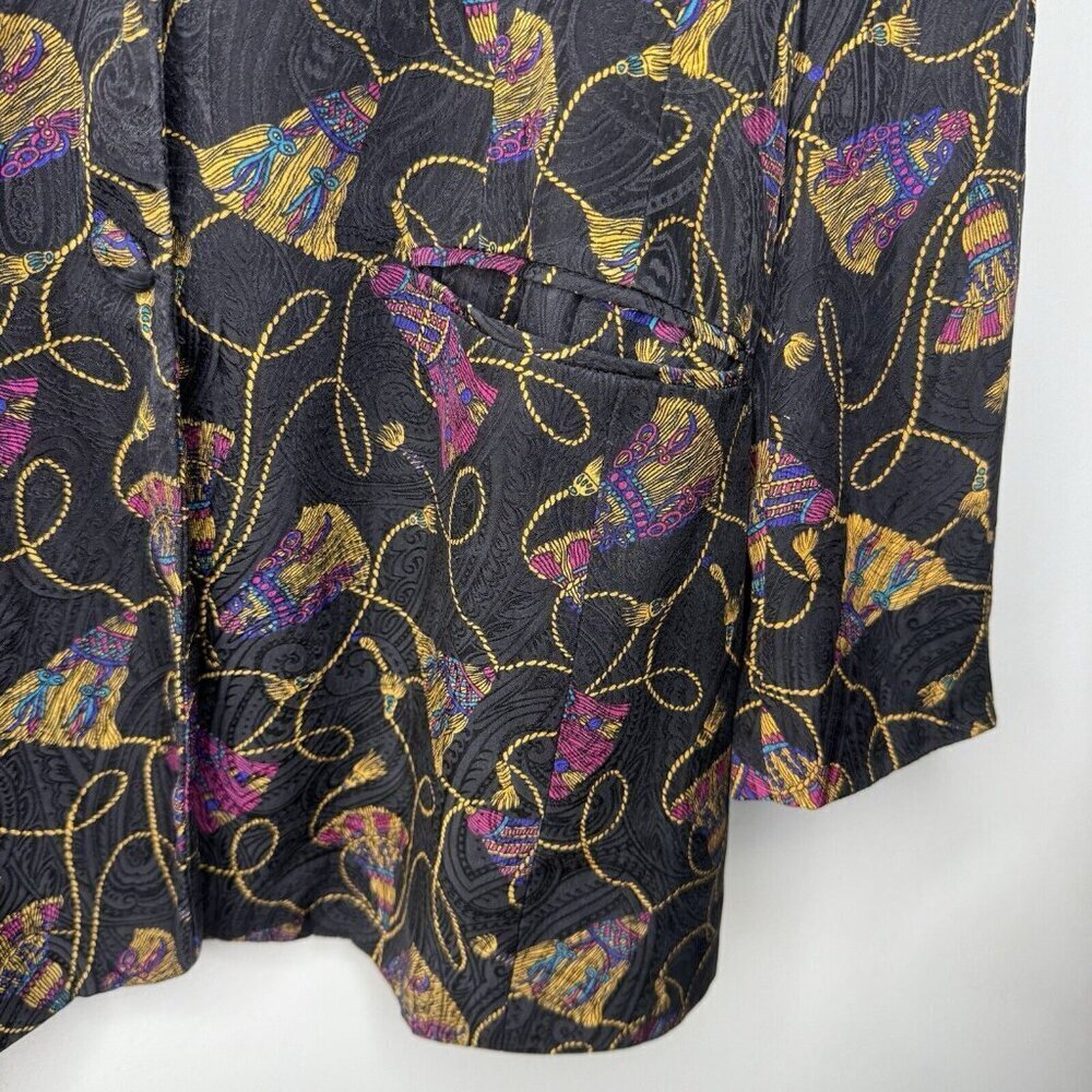 Casual Corner Vintage 100% Silk women’s 80’s Tassel blazer Black Gold Purple 12 - Picture 4 of 8
